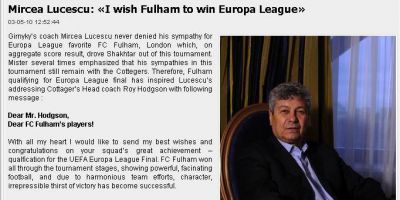 Stii cine e cel mai tare fan al lui Fulham? Nu e Hugh Grant, e Mircea Lucescu! Vezi scrisoarea de &quot;amor&quot;