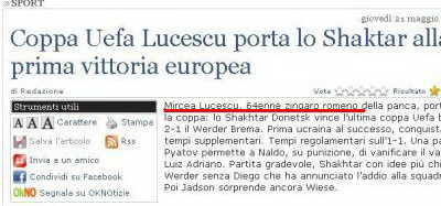 SOC din Italia! Il Giornale: &quot;Tiganul roman, Mircea Lucescu, a luat Cupa UEFA!&quot;
