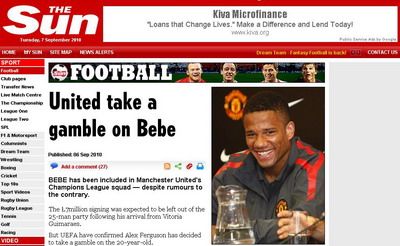 
	&quot;Aurolacul&quot; Bebe a fost trecut pe lista lui United pentru UCL!
