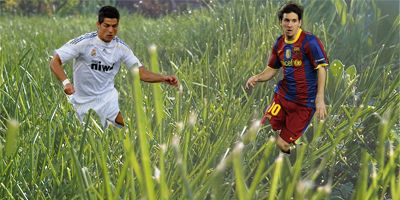 Nu calcati iarba, udati-o! :) Messi si Villa, cu picioarele innodate! Ce problema mare a avut gazonul de pe Bernabeu:_2