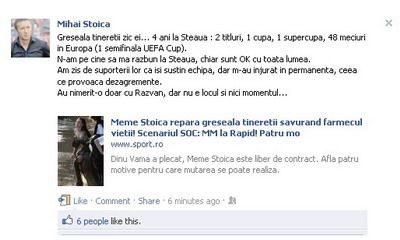 Meme Stoica la Rapid! Mesaje pentru fanii Rapidului si Gigi Becali intr-o postare pe Facebook! Vezi ce le transmite:_1