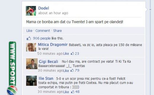 
	Dialog senzational pe Facebook! Tanase e idolul stelistilor dupa victoria cu Twente: Mama ce bonba am dat cu Twente :))
