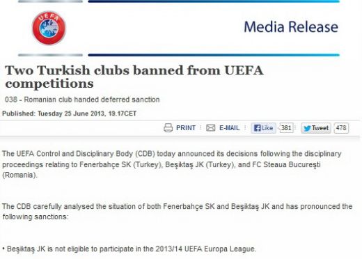 FOTO: Comunicatul OFICIAL al UEFA: Fener si Besiktas, excluse pentru 3, respectiv 1 an! Steaua, 1 an cu suspendare!_2