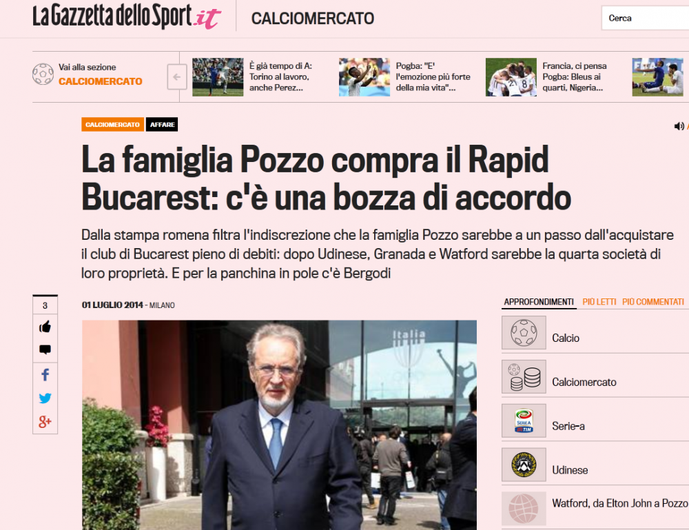 Rapidistii viseaza frumos! Gazzetta dello Sport "Patronul lui Udinese preia Rapidul!" Renzo Rossi INFIRMA!_2