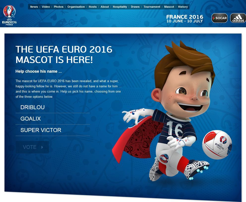 "VICTOR" are din nou sansa sa fie votat! :) UEFA lasa fanii sa aleaga numele pentru mascota de la EURO 2016! Variantele:_2