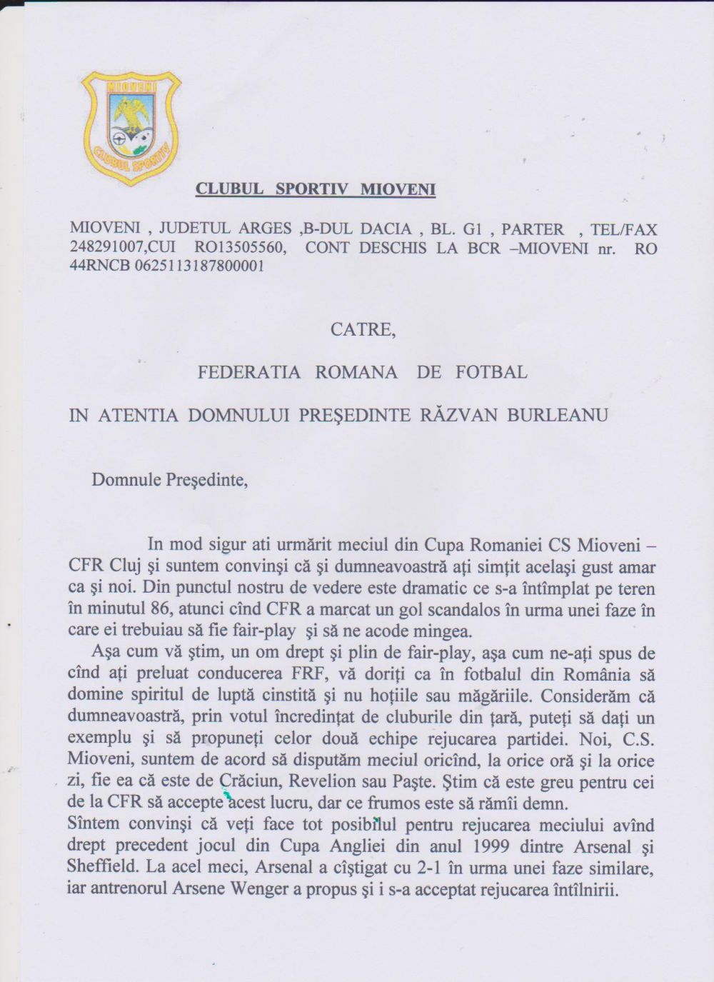 CS Mioveni cere REJUCAREA meciului cu CFR Cluj, din sferturile Cupei Romaniei! Scrisoarea trimisa presedintelui FRF_2