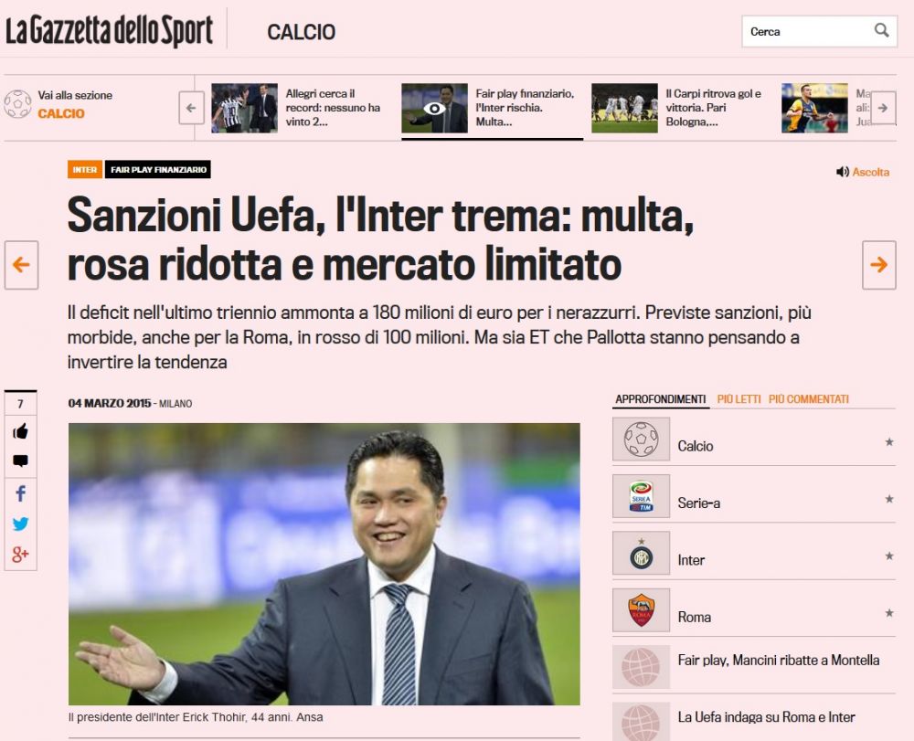 UEFA loveste dur, dupa ce Inter si Roma au adunat un deficit de 280 mil euro in ultimii 3 ani. Sanctiunile anuntate in Italia_1