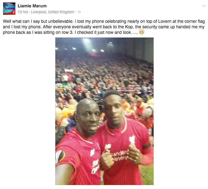 Fanul lui Liverpool care a trait un miracol in plus aseara pe Anfield! Si-a pierdut telefonul si cand l-a gasit... a vazut selfie-uri cu jucatorii in galeria foto :)_1