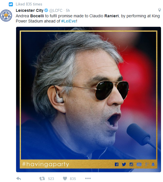 M-a sunat Andrea Bocelli acum o luna: Claudio, vin sa-ti cant daca iei titlul! Un oras intreg isi continua visul: Bocelli merge sambata la Leicester sa cante pe stadion_2