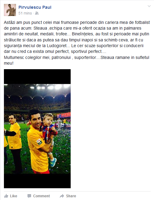 Parvulescu, mesaj emotionant pentru stelisti pe Facebook! Si-a cerut scuze pentru penalty-ul ratat cu Ludogorets_2