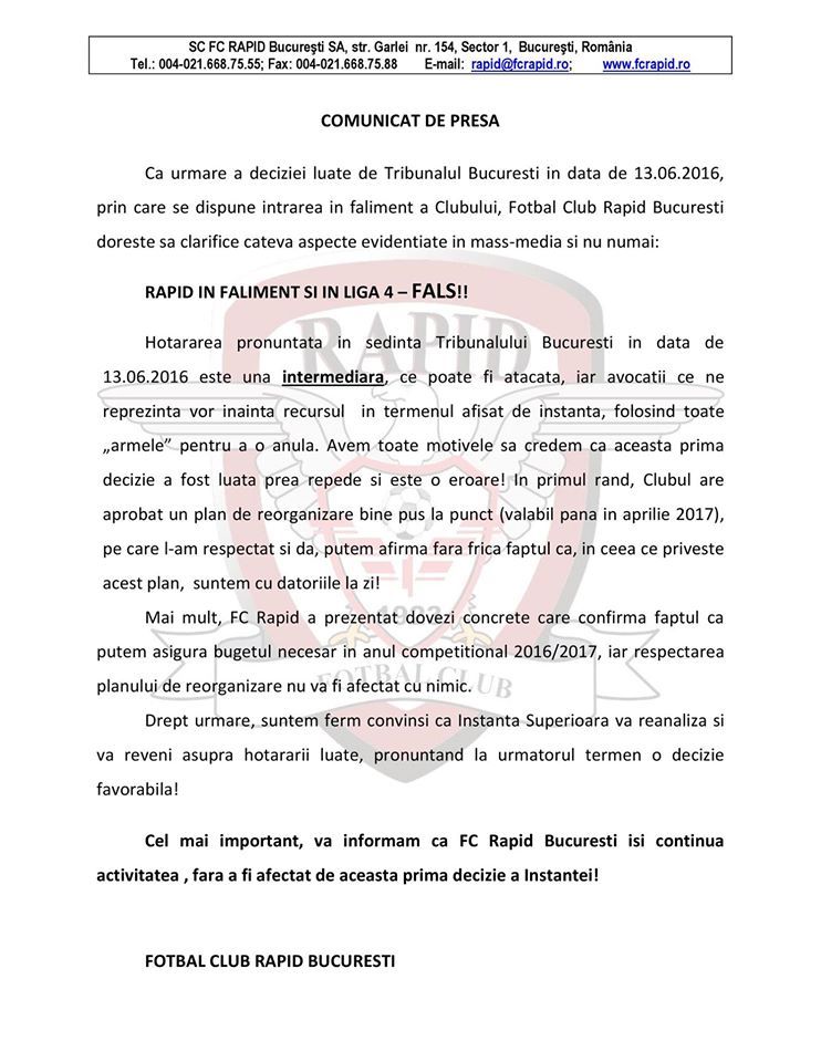 Tribunalul Bucuresti a decis intrarea in FALIMENT a Rapidului! Reactia oficiala a Rapidului: "Vom face apel"_2