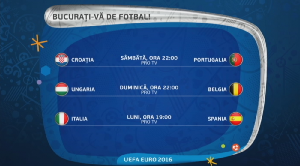 S-au stabilit toate optimile de finala de la EURO | Sambata, la ProTV, 22:00 Croatia - Portugalia; duminica, 22:00 Ungaria - Belgia; luni, 19:00 Italia - Spania_2