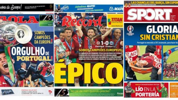 
	Victoria Portugaliei in cele mai importante ziare de sport. AS de Madrid saluta succesul, ziarul &quot;de casa&quot; al Barcei evidentiaza: Glorie FARA RONALDO&quot;
