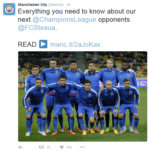 Gafa amuzanta a englezilor, pe contul oficial de Twitter al lui City: "Tot ce trebuie sa stii despre Steaua" e cu o poza in care nu apare NICIUN jucator de la Steaua :)_1