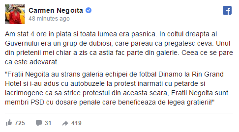 Fosta sotie a lui Ionut Negoita a redat pe Facebook un mesaj acuzator: "Fratii Negoita i-au dus pe ultrasi cu autobuzele in Piata"_2