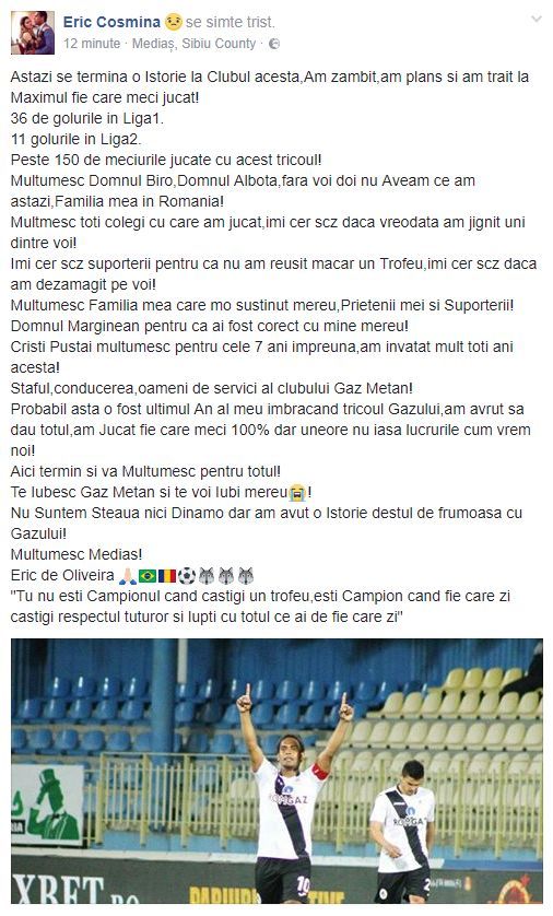 Eric si-a anuntat plecarea de la Gaz Metan: "Nu suntem Steaua, nici Dinamo, dar am scris o istorie frumoasa aici"_2