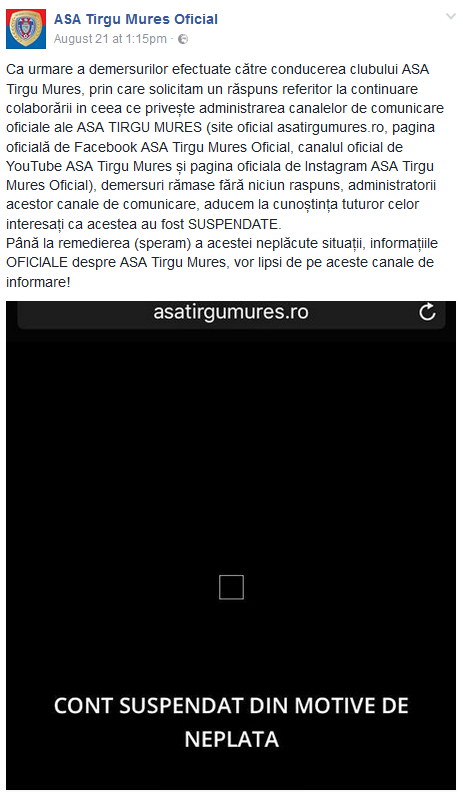 Unic in fotbal! O noua minune la ASA Targu Mures: administratorul contului de Facebook a intrat in GREVA :) Ultimul mesaj postat_1