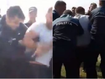VIDEO | Imagini cu retinerea barbatului care a intrat CU SABIA pe terenul de fotbal, in liga a 5-a din Romania, si a inceput sa loveasca