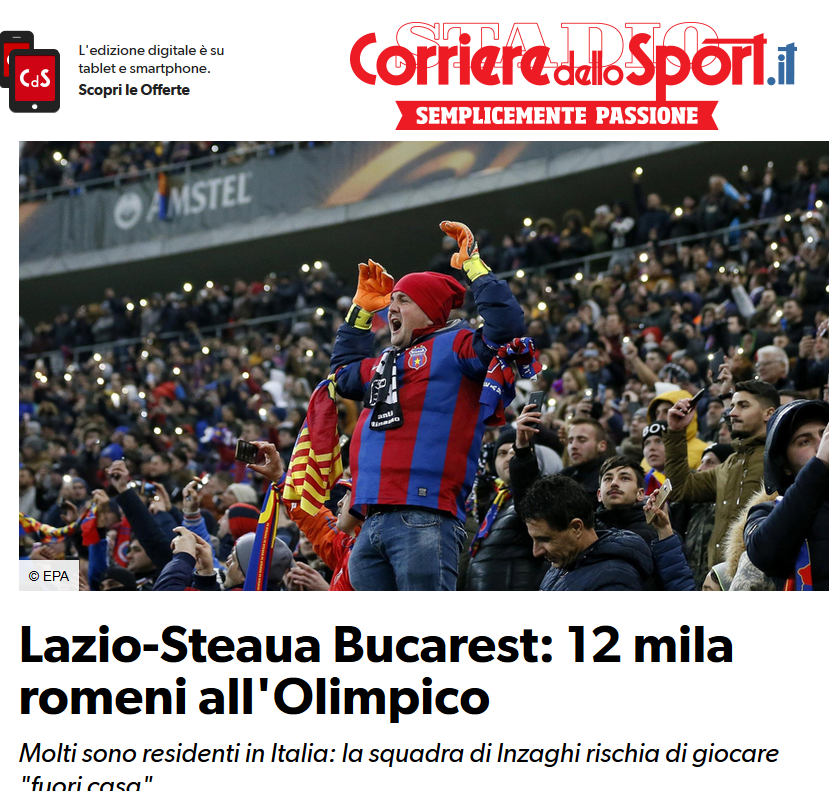 LAZIO - STEAUA // Corriere dello Sport, in deschidere: 12.000 de romani diseara, Lazio joaca in deplasare!_1