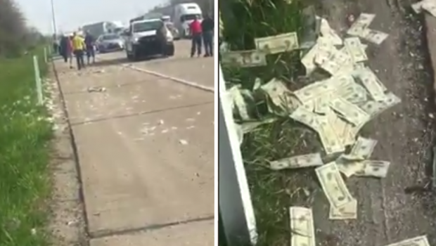 
	Haos pe autostrada, dupa ce o masina care transporta bani a scapat un sac cu 600.000$! Cum au reactionat oamenii 
