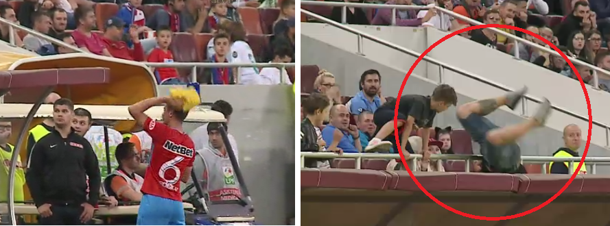 VIDEO Momentul de tot rasul care nu s-a vazut la TV: un suporter "si-a rupt gatul" incercand sa prinda tricoul lui Nedelcu_1