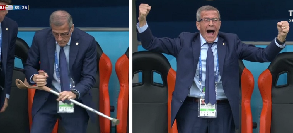 Imaginea zilei la Mondial: selectionerul a renuntat la carje de bucurie, la golul Uruguayului! Drama lui Oscar Tabarez_1