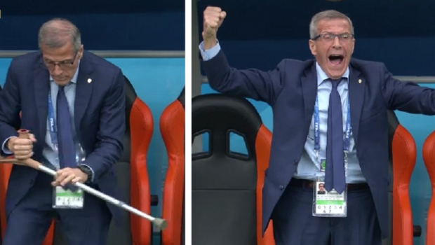 
	Imaginea zilei la Mondial: selectionerul a renuntat la carje de bucurie, la golul Uruguayului! Drama lui Oscar Tabarez
