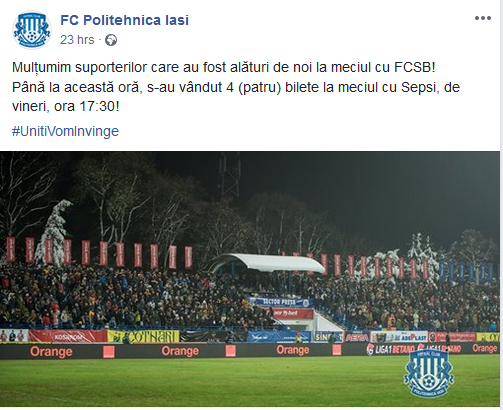 Gluma zilei! Un nou pariu pentru fotbalul romanesc: under / over 2,5 spectatori :) Poli Iasi se chinuie de 24 de ore sa vanda al 5-lea bilet la meciul cu Sepsi_2