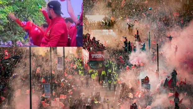 
	&quot;S-a imbatat!&quot; Jurgen Klopp, one man show la parada celor de la Liverpool in fata a 750.000 de oameni! Era sa cada din autobuz si i-a turnat bere in cap unui jucator! VIDEO &amp; FOTO