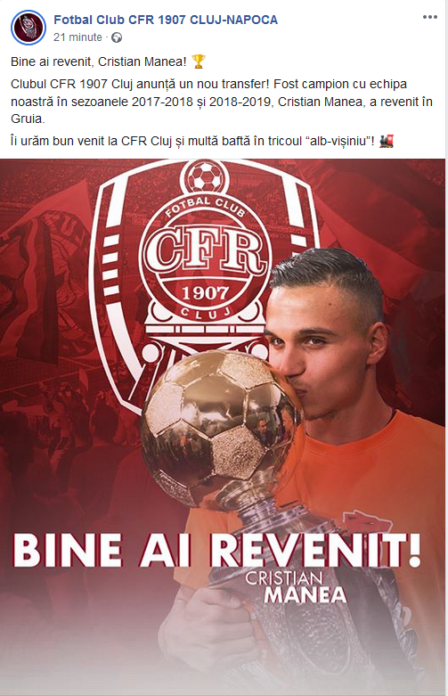 CFR Cluj a anuntat OFICIAL revenirea lui Manea la numai cateva ore dupa ce Becali confirmase ca l-a dat afara de la FCSB!_1