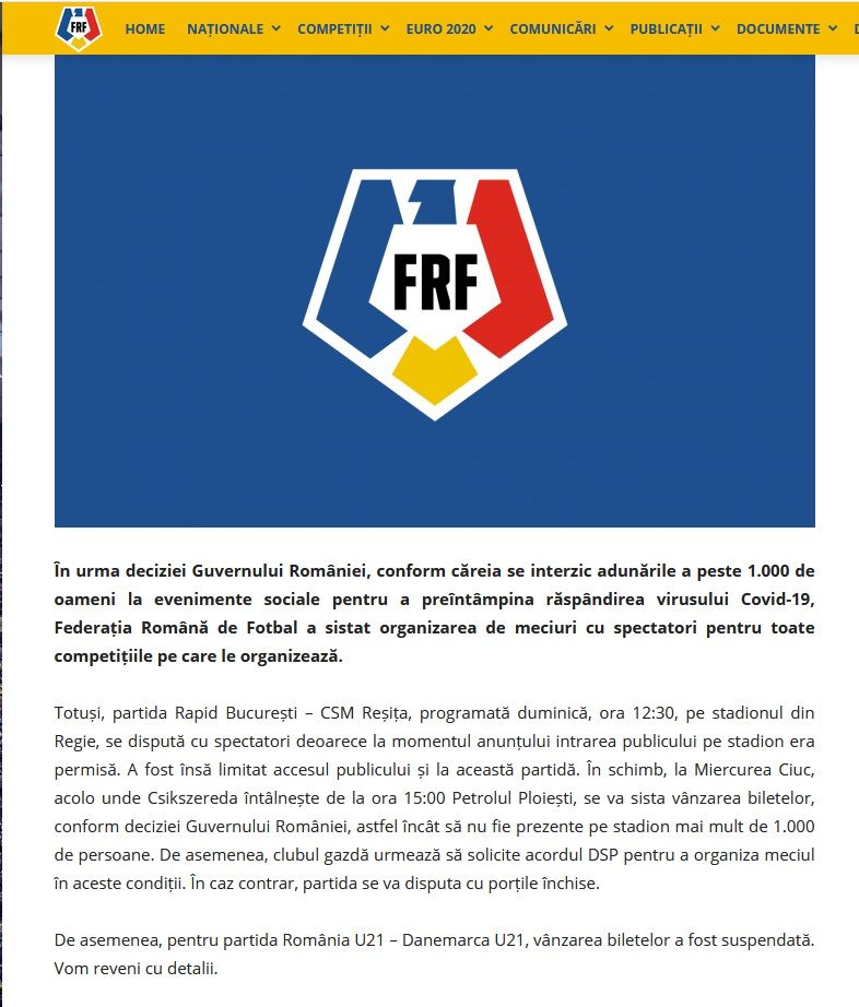 TOATE competitiile organizate de FRF, cu portile INCHISE!!! S-a OPRIT vanzarea de bilete la Romania U21 - Danemarca U21! Prima reactie a Federatiei_2