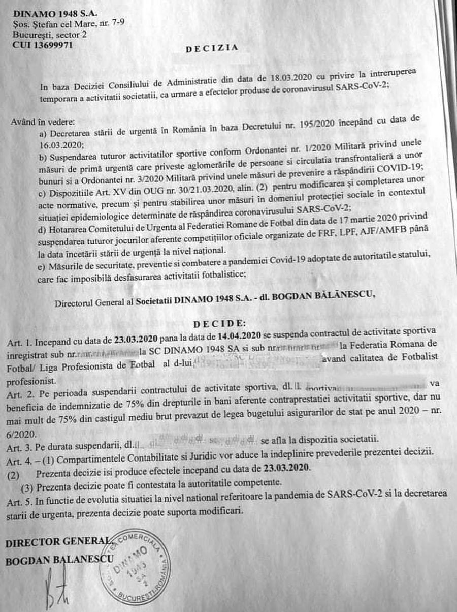 Documentul primit de fotbalistii lui Dinamo! "Cainii" au fost bagati in somaj tehnic in perioada starii de urgenta_1