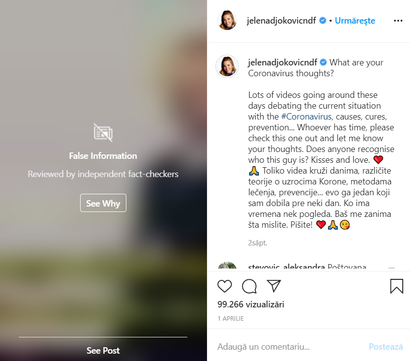 A distribuit stiri false despre coronavirus si a fost PEDEPSITA de Instagram: cum a comis-o Jelena, sotia lui Novak Djokovic_2