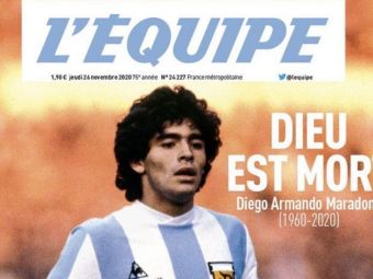 
	&quot;Dumnezeu a murit!&quot; Prima pagina COLOSALA a L&#39;Equipe dupa moartea lui Maradona! Cum va fi publicat ziarul joi
