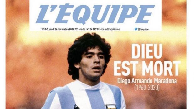 
	&quot;Dumnezeu a murit!&quot; Prima pagina COLOSALA a L&#39;Equipe dupa moartea lui Maradona! Cum va fi publicat ziarul joi
