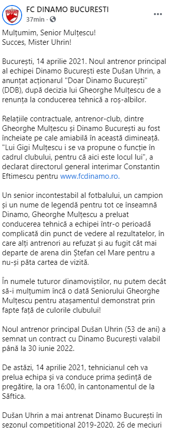 Dinamo a anuntat oficial despartirea de Multescu! "Succes, Mister Uhrin!" Pe ce perioada a semnat cehul cu echipa din Stefan cel Mare_6