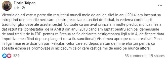 "Victoria de azi este o parte din rezultatul muncii mele!" Reactia lui Florin Talpan dupa ce Steaua a promovat in Liga 2! Ce a spus _3