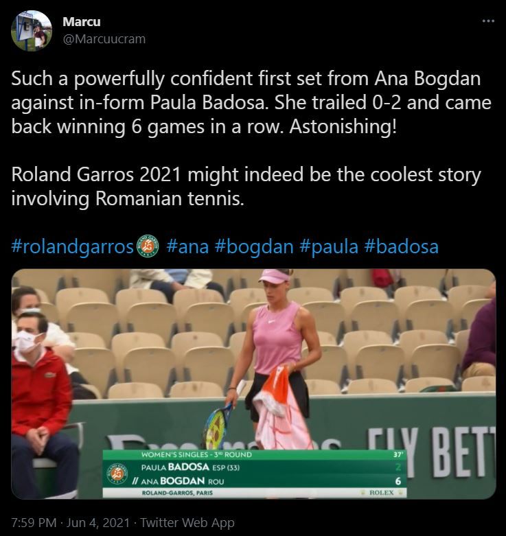 Ana Bogdan a pierdut meciul turneului la Roland Garros cu Paula Badosa, 6-2, 6-7, 4-6 dupa 2 ore si 50 de minute de joc! Bogdan a ratat minge de meci in setul 2_3