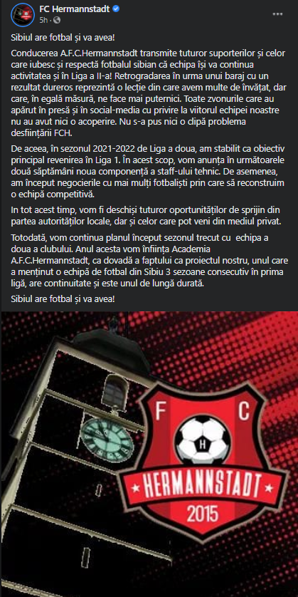 Hermannstadt a facut anuntul oficial privind viitorul echipei! Ce se va intampla cu clubul din Sibiu dupa retrogradare_2