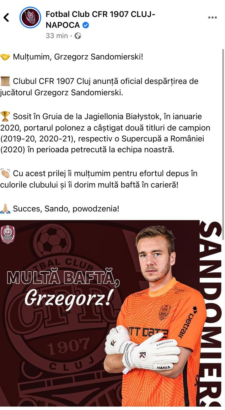 CFR Cluj s-a despartit de Gregorz Sandomierski! Anuntul oficial al campioanei Romaniei_1