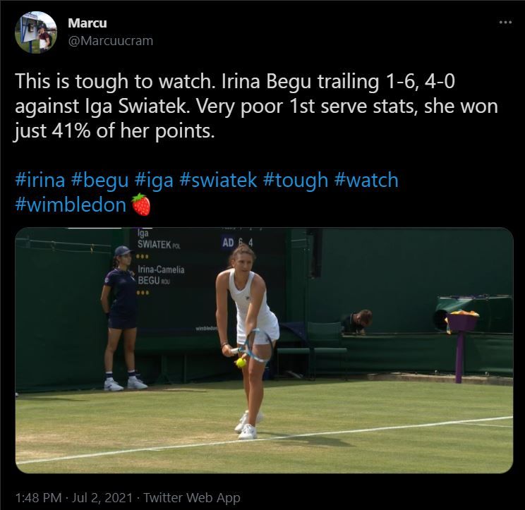 Rezultat dezastruos: Irina Begu, distrusa de Iga Swiatek (20 de ani, 9 WTA), scor 6-1, 6-0 in turul 3 la Wimbledon. Premiu financiar considerabil incasat de Begu, in ciuda esecului dureros _5