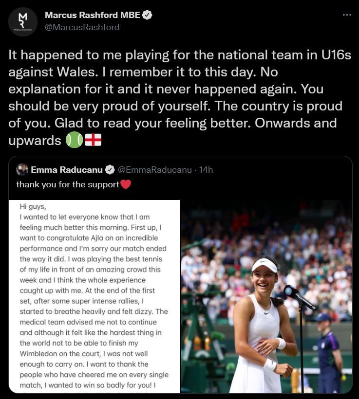 Emma Raducanu, admirata de Marcus Rashford: ce i-a scris atacantul Angliei jucatoarei de 18 ani dupa retragerea de la Wimbledon _1