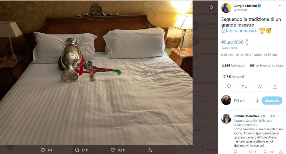 Chiellini a dormit cu trofeul Euro 2020 in pat! Bonucci a pazit si el cupa in camera lor de hotel_4