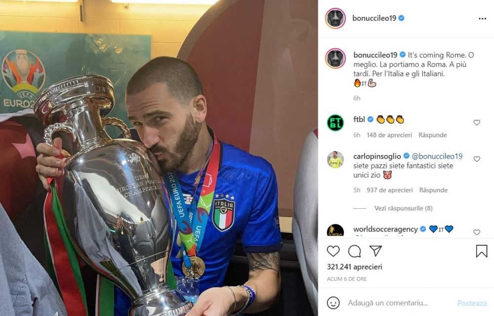 Chiellini a dormit cu trofeul Euro 2020 in pat! Bonucci a pazit si el cupa in camera lor de hotel_6