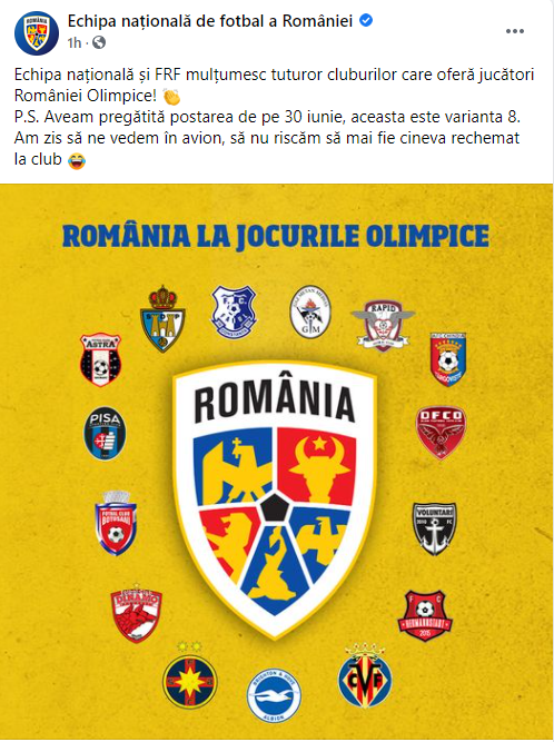 FRF, sageti spre cluburile care au refuzat sa trimita jucatori la Olimpiada! Mesajul genial publicat de nationala de fotbal a Romaniei :) _1