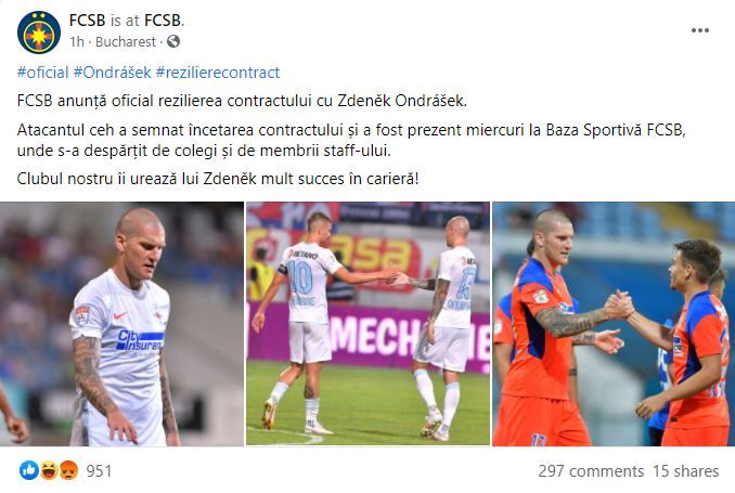 FCSB a anunțat oficial despărțirea de Ondrasek! Care a fost mesajul atacantului ceh _2