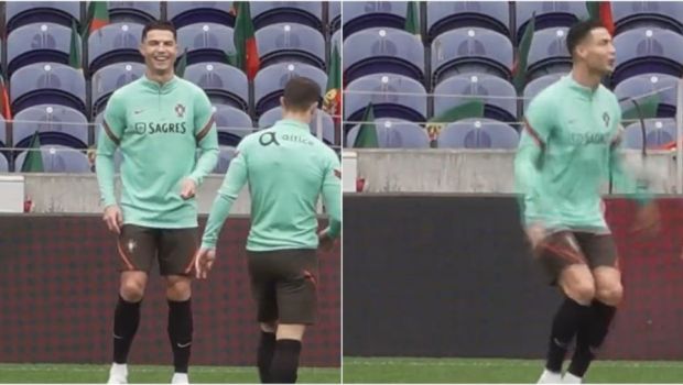 Imagini virale cu Cristiano Ronaldo la antrenamentele naționalei! A început să își imite un coechipier după o săritură la cap&nbsp;