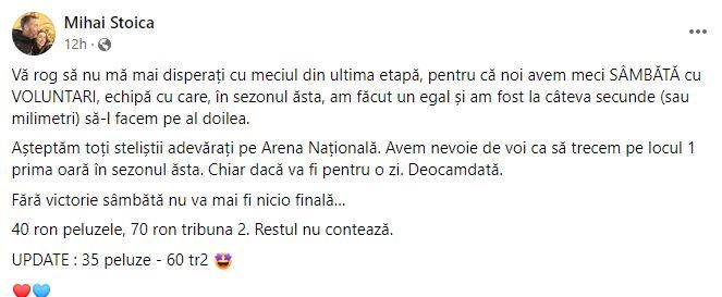 Mesaj tranșant al lui Mihai Stoica înainte de duelul cu FC Voluntari: „Vă rog să nu mă mai disperați!” _2