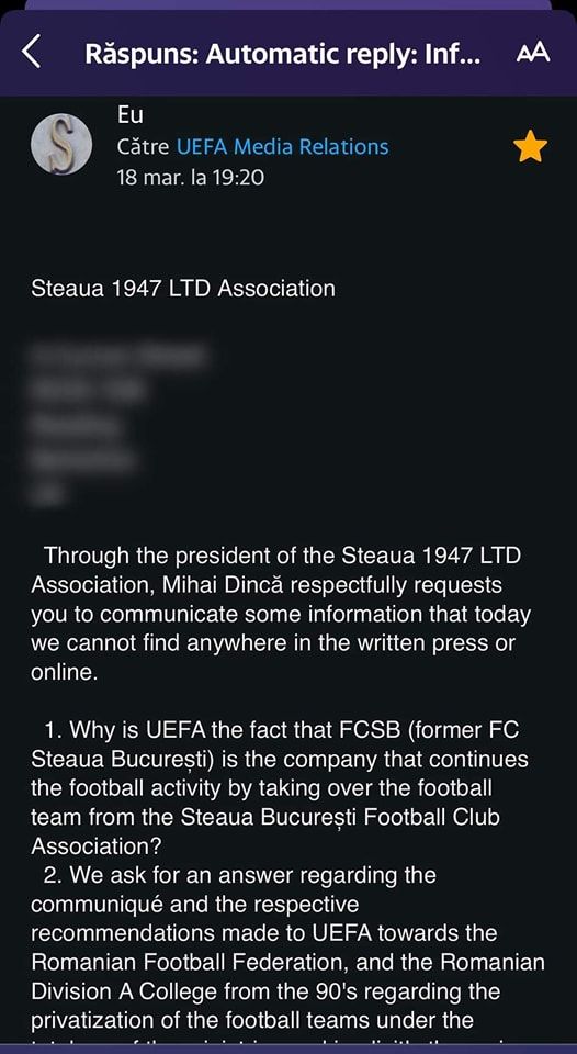 Mailul în care UEFA ar fi confirmat că FCSB este continuatoarea Stelei este un fals_2