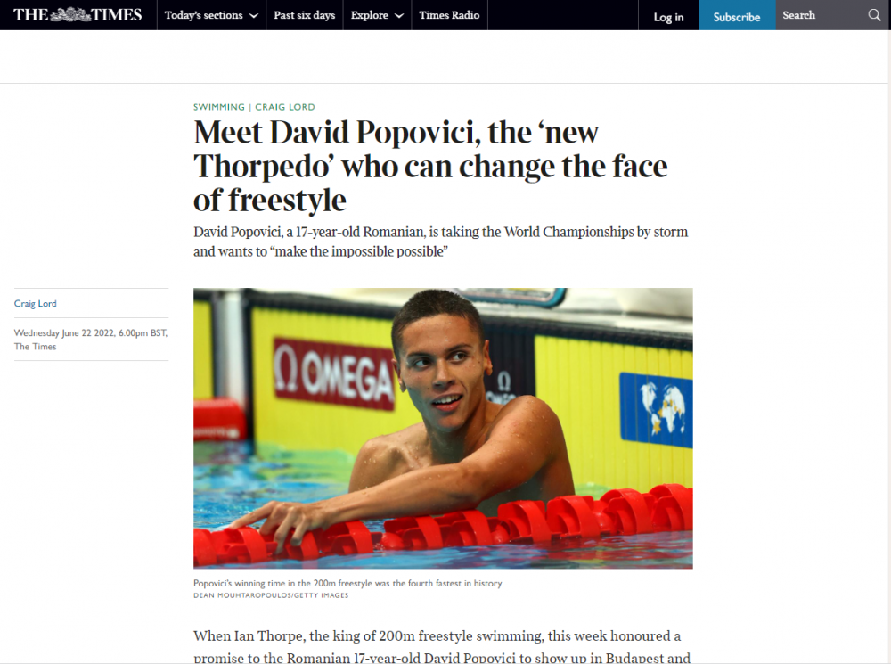 The Times scrie despre David Popovici! Comparație cu unul dintre cei mai mari înotători: „Noul Thorpedo. Poate schimba fața înotului!” _2